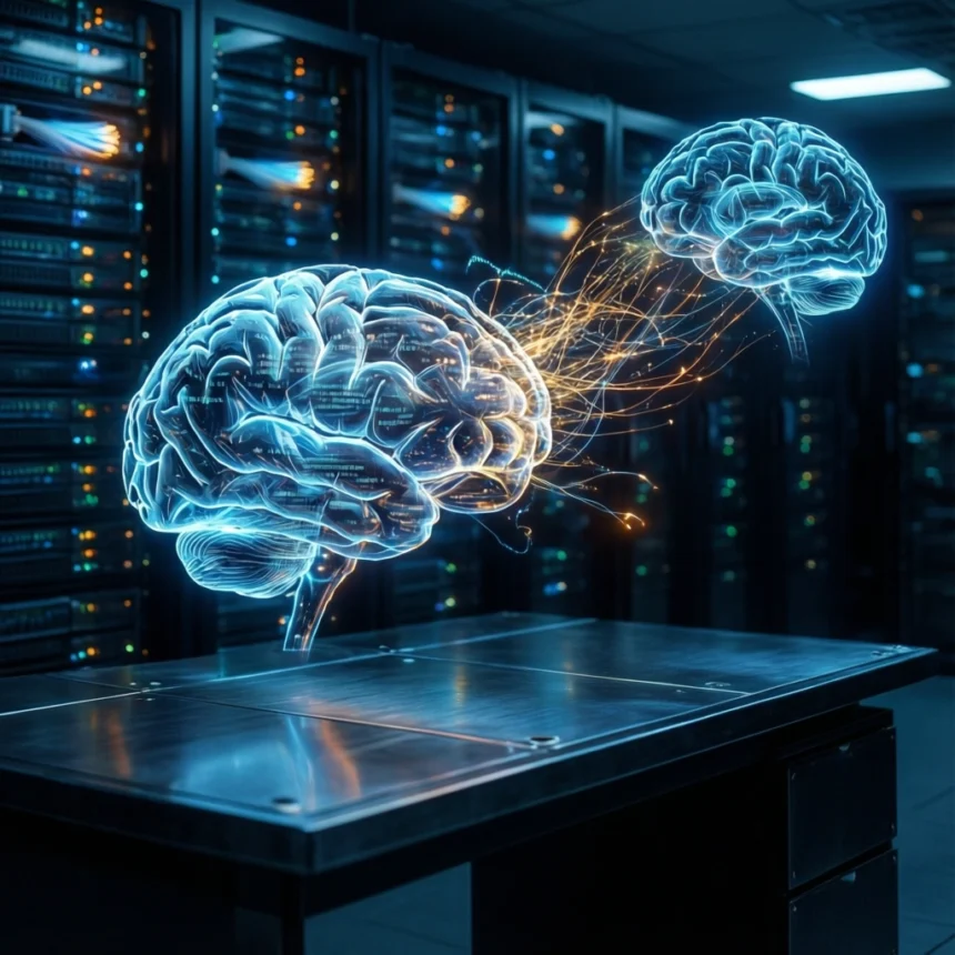 Digitale hjerner, der er forbundet med lysende linjer, svæver over et serverstativ i et datacenter og symboliserer kunstig intelligens og dataoverførsel. - Kunstig intelligens AI