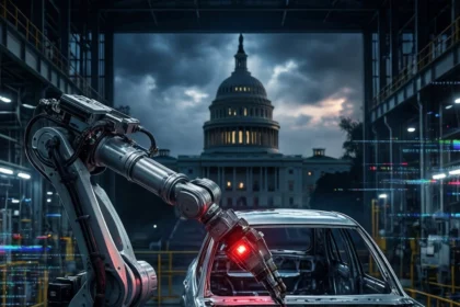 En robotarm, der svejser et bilchassis inde i en fabrik, med det amerikanske Capitol-bygning synlig i baggrunden. - Kunstig intelligens AI