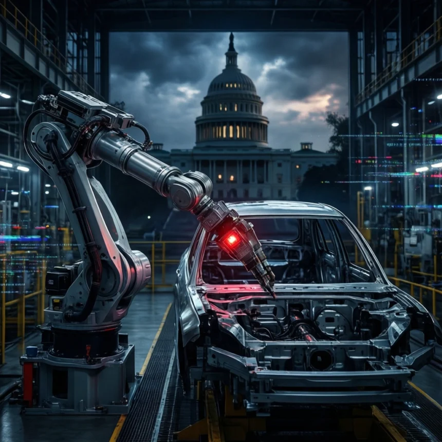 En robotarm, der svejser et bilchassis inde i en fabrik, med det amerikanske Capitol-bygning synlig i baggrunden. - Kunstig intelligens AI