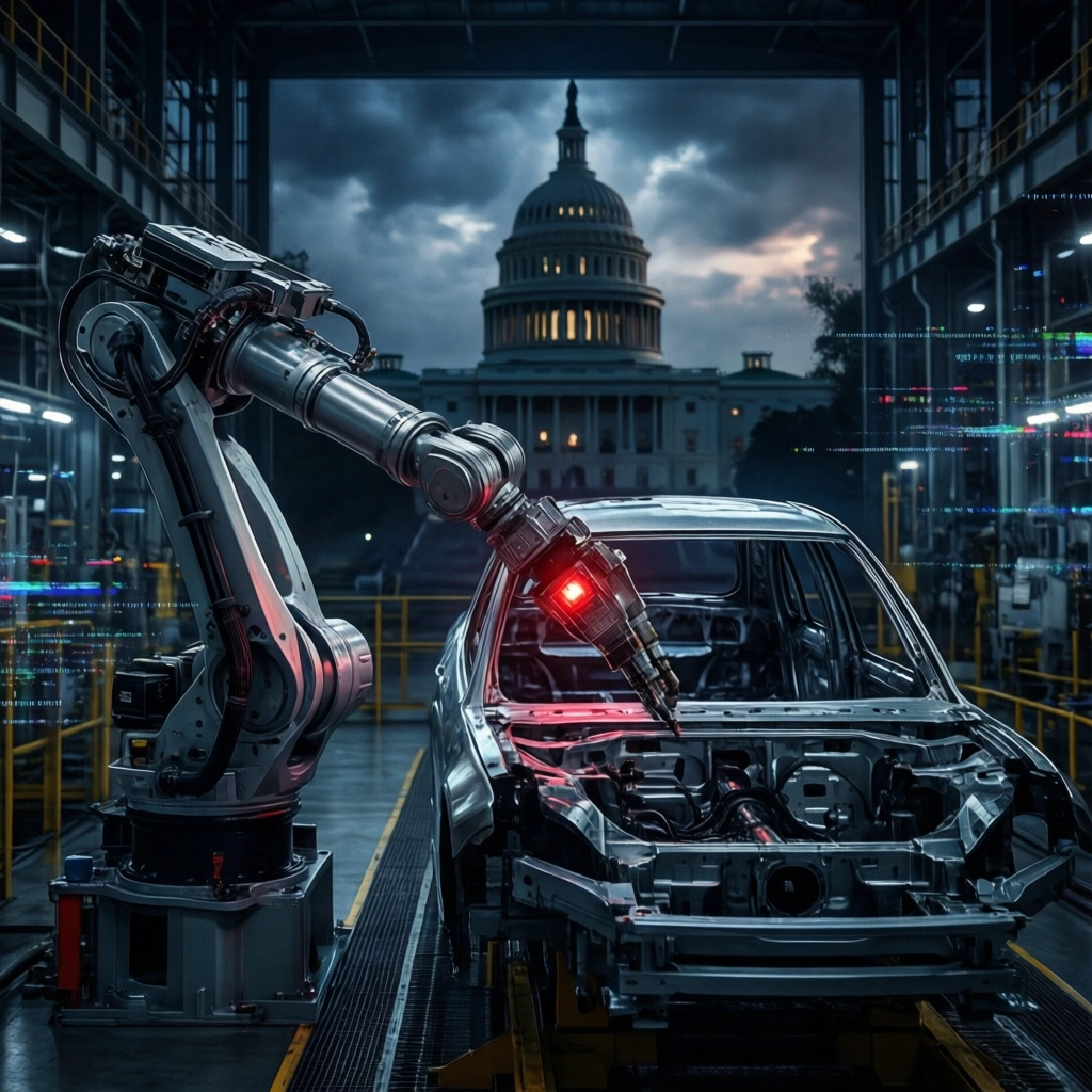 En robotarm, der svejser et bilchassis inde i en fabrik, med det amerikanske Capitol-bygning synlig i baggrunden. - Kunstig intelligens AI