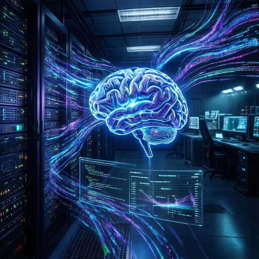 En lysende, digital hjerne omgivet af lysstriber i et serverrum, med datadiagrammer vist nedenunder. - Kunstig intelligens AI
