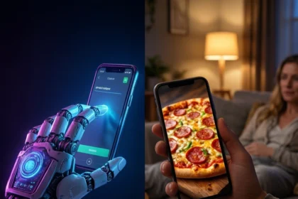 Et billede med delt skærm, der til venstre viser en robothånd, der interagerer med en smartphone, og til højre en person, der holder en smartphone, hvor der vises et billede af en pepperoni-pizza. - Kunstig intelligens AI