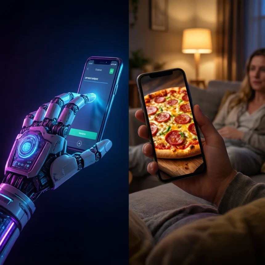 Et billede med delt skærm, der til venstre viser en robothånd, der interagerer med en smartphone, og til højre en person, der holder en smartphone, hvor der vises et billede af en pepperoni-pizza. - Kunstig intelligens AI