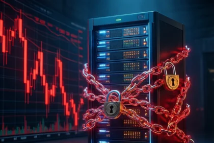 Et serverrack omviklet med lysende røde kæder, der er fastgjort med hængelåse, med et børskursdiagram i baggrunden. - Kunstig intelligens AI