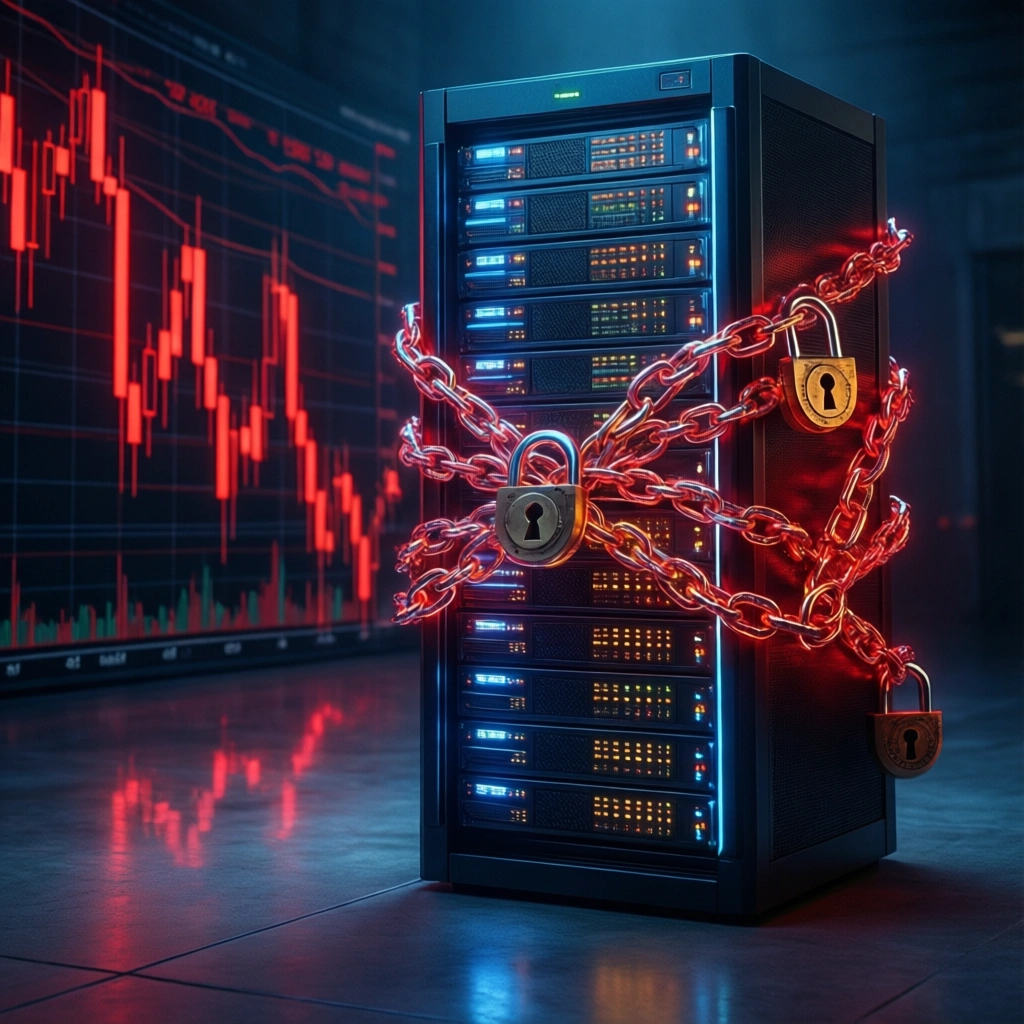 Et serverrack omviklet med lysende røde kæder, der er fastgjort med hængelåse, med et børskursdiagram i baggrunden. - Kunstig intelligens AI
