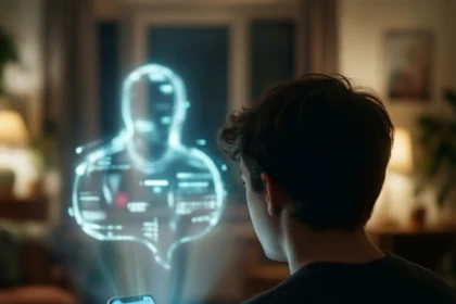 En person, der holder en smartphone, der projicerer en lysende holografisk avatar ud i luften. - Kunstig intelligens AI
