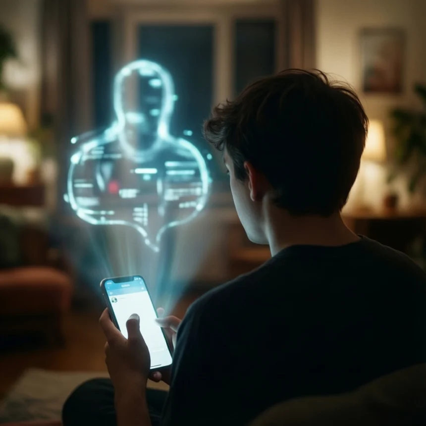 En person, der holder en smartphone, der projicerer en lysende holografisk avatar ud i luften. - Kunstig intelligens AI