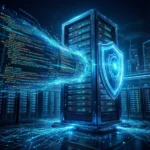 Et lysende serverrack med et digitalt skjold står i et datacenter. Blå kodestrømme flyder mod skjoldet og symboliserer cybersikkerhedsbeskyttelse i et teknologisk avanceret miljø. - Kunstig intelligens AI