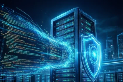 Et lysende serverrack med et digitalt skjold står i et datacenter. Blå kodestrømme flyder mod skjoldet og symboliserer cybersikkerhedsbeskyttelse i et teknologisk avanceret miljø. - Kunstig intelligens AI