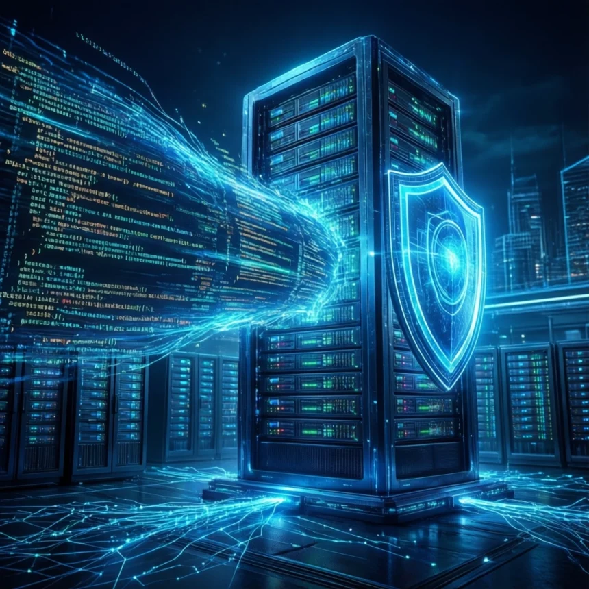 Et lysende serverrack med et digitalt skjold står i et datacenter. Blå kodestrømme flyder mod skjoldet og symboliserer cybersikkerhedsbeskyttelse i et teknologisk avanceret miljø. - Kunstig intelligens AI