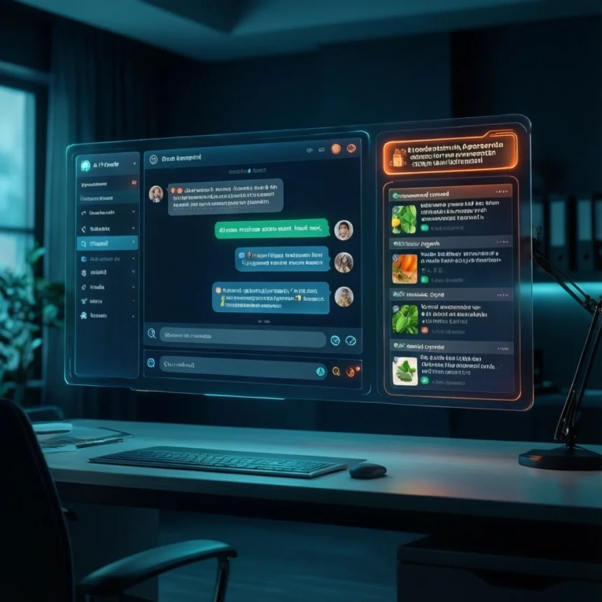 Et futuristisk, gennemsigtigt digitalt display, der svæver over et skrivebord, og som viser en beskedgrænseflade til venstre og en liste over emner med miniaturer til højre. - Kunstig intelligens AI