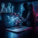 En skikkelse med hætte i et mørkt rum rækker hånden ud mod en bærbar computerskærm, der viser et lysende, sammenkoblet netværk af knudepunkter. - Kunstig intelligens AI