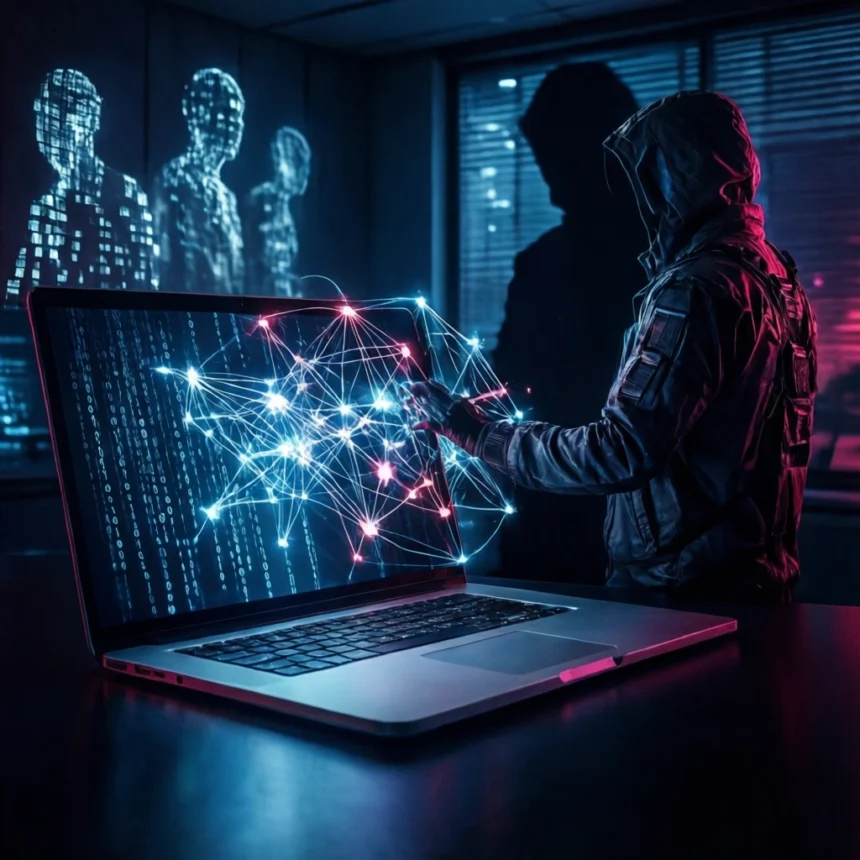 En skikkelse med hætte i et mørkt rum rækker hånden ud mod en bærbar computerskærm, der viser et lysende, sammenkoblet netværk af knudepunkter. - Kunstig intelligens AI