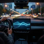 En person, der kører bil om natten, set fra førerens perspektiv, med et digitalt display på instrumentbrættet, der viser en lysende blå bølgeform. - Kunstig intelligens AI