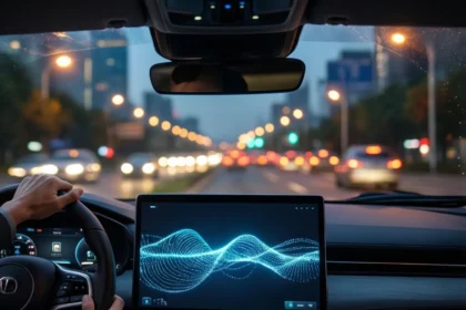 En person, der kører bil om natten, set fra førerens perspektiv, med et digitalt display på instrumentbrættet, der viser en lysende blå bølgeform. - Kunstig intelligens AI