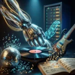 En robothånd, der rækker ud mod en vinylplade, med et serverstativ, en elektrisk guitar, noder og en diskokugle i nærheden. - Kunstig intelligens AI