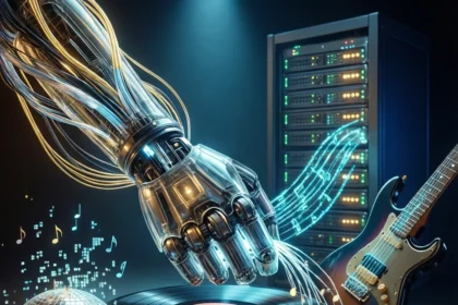 En robothånd, der rækker ud mod en vinylplade, med et serverstativ, en elektrisk guitar, noder og en diskokugle i nærheden. - Kunstig intelligens AI