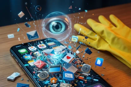 Et lysende digitalt øje svæver over en smartphone, mens app-ikoner og dokumentsymboler eksploderer udad, og en hånd iført en gul handske rækker ud mod skærmen på en træoverflade. - Kunstig intelligens AI