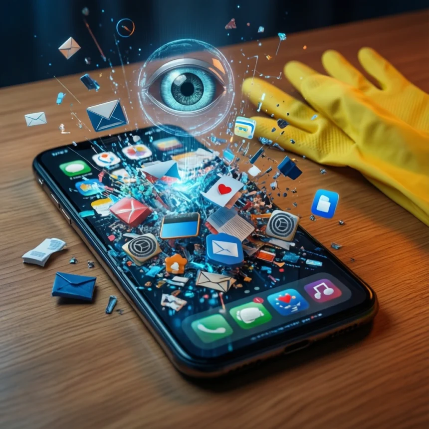 Et lysende digitalt øje svæver over en smartphone, mens app-ikoner og dokumentsymboler eksploderer udad, og en hånd iført en gul handske rækker ud mod skærmen på en træoverflade. - Kunstig intelligens AI