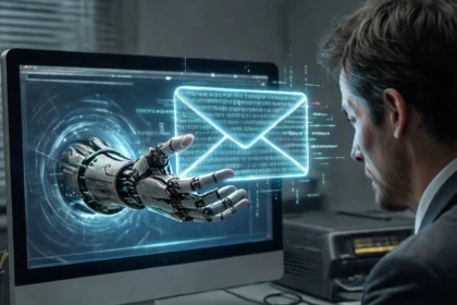 En mand i jakkesæt kigger på en computerskærm, hvor en robothånd rækker ud fra en digital portal for at vise et lysende konvolutikon. - Kunstig intelligens AI