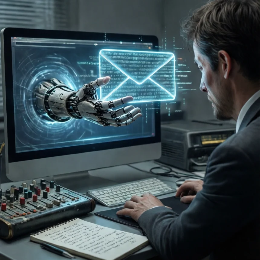 En mand i jakkesæt kigger på en computerskærm, hvor en robothånd rækker ud fra en digital portal for at vise et lysende konvolutikon. - Kunstig intelligens AI