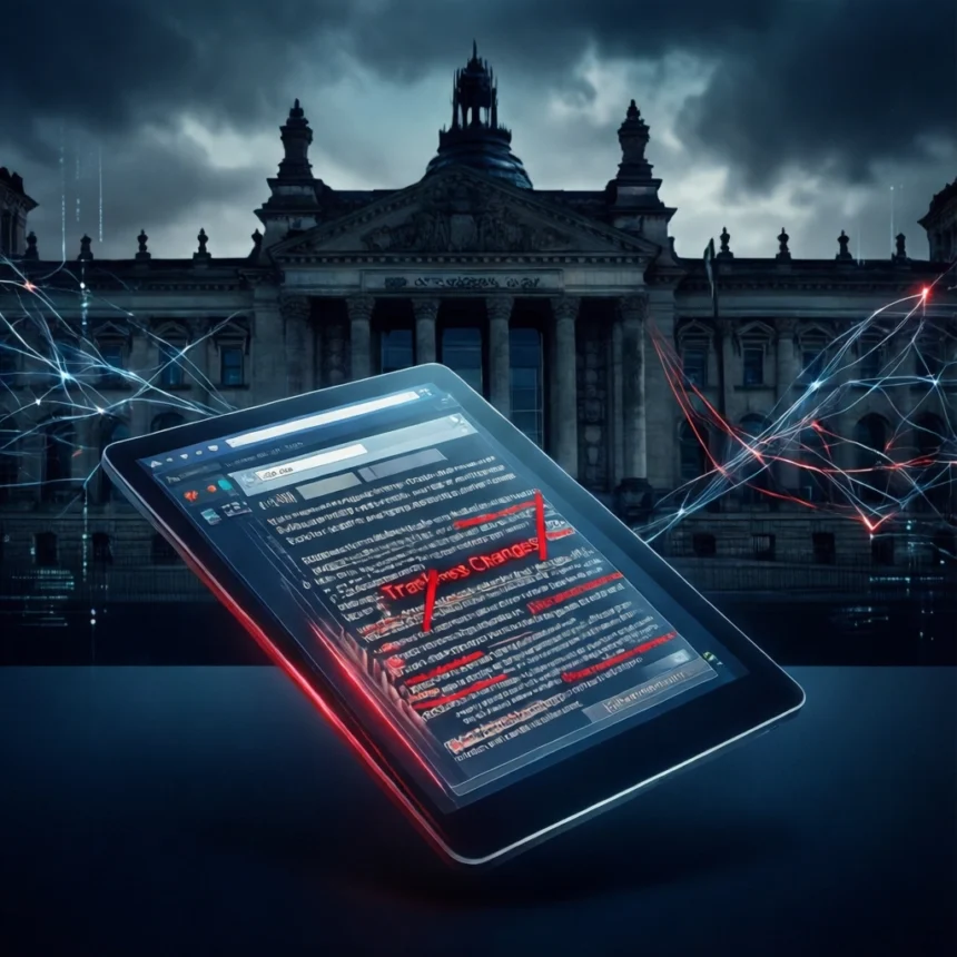 En tablet, der viser et dokument med røde ændringsmarkeringer, står foran en mørk, imponerende regeringsbygning, forbundet med den via lysende digitale linjer. - Kunstig intelligens AI