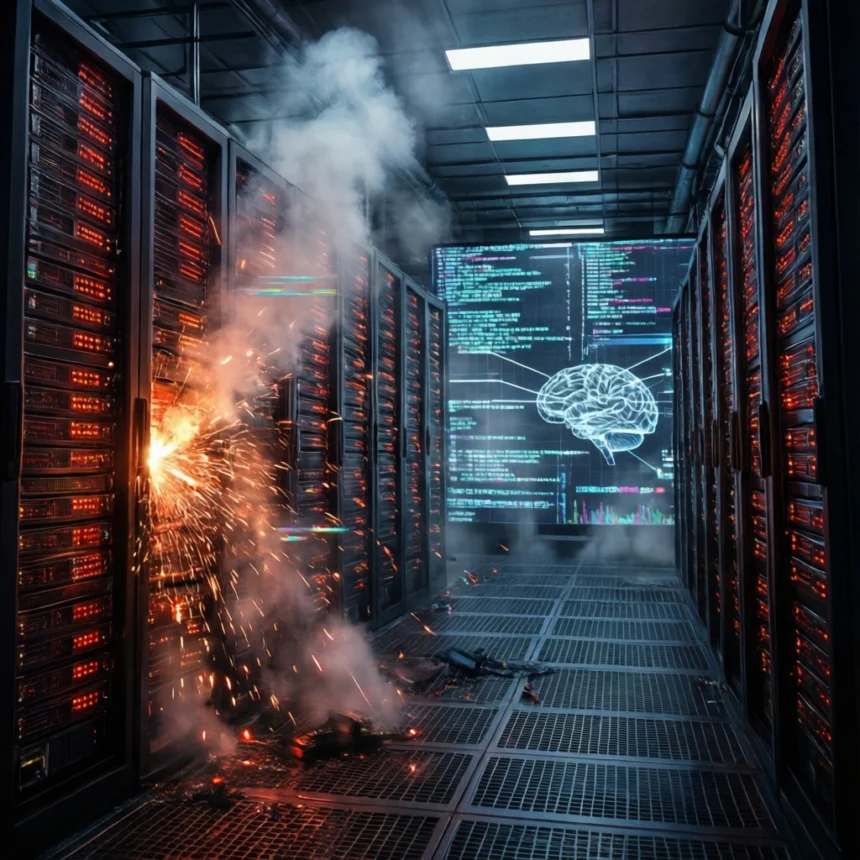 Der springer gnister og stiger røg op fra et serverrack i et datacenter, hvor en stor skærm viser en digital hjerne og kode. - Kunstig intelligens AI