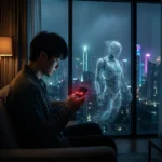 En mand sidder inde om aftenen og kigger på en telefon, hvor der står OFFLINE, mens en gennemskinnelig menneskelignende robot står tæt ved ham, og byens skyline kan ses gennem vinduet. - Kunstig intelligens AI