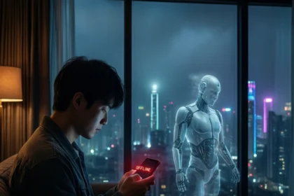 En mand sidder inde om aftenen og kigger på en telefon, hvor der står OFFLINE, mens en gennemskinnelig menneskelignende robot står tæt ved ham, og byens skyline kan ses gennem vinduet. - Kunstig intelligens AI