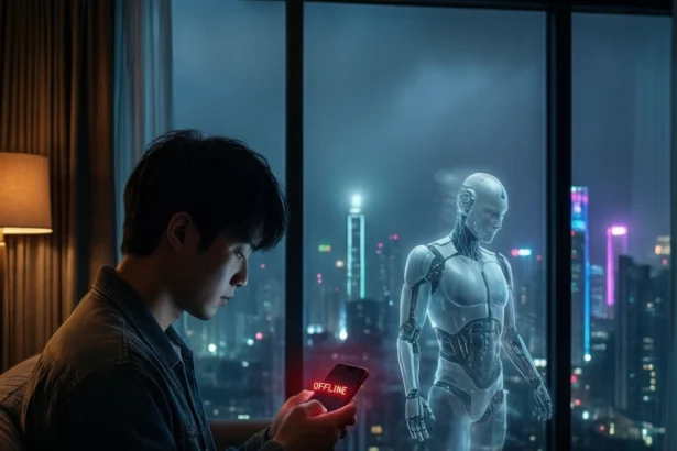 En mand sidder inde om aftenen og kigger på en telefon, hvor der står OFFLINE, mens en gennemskinnelig menneskelignende robot står tæt ved ham, og byens skyline kan ses gennem vinduet. - Kunstig intelligens AI