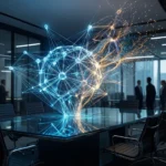 En lysende, sammenhængende digital sfære, der svæver over et konferencebord på et kontor, med mennesker, der står i baggrunden. - Kunstig intelligens AI