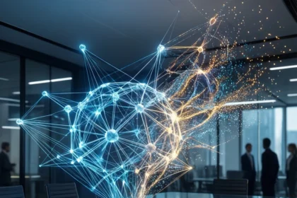 En lysende, sammenhængende digital sfære, der svæver over et konferencebord på et kontor, med mennesker, der står i baggrunden. - Kunstig intelligens AI