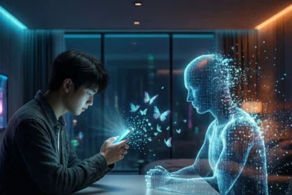 En ung mand sidder ved et bord og bruger sin telefon, mens en lysende, holografisk menneskeskikkelse omgivet af digitale sommerfugle trænger ud af enheden i et svagt oplyst, moderne rum. - Kunstig intelligens AI