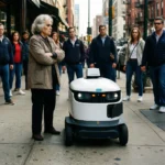 En gruppe mennesker, der står på et fortov i byen og kigger på en lille, hvid, selvkørende leveringsrobot. - Kunstig intelligens AI