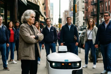 En gruppe mennesker, der står på et fortov i byen og kigger på en lille, hvid, selvkørende leveringsrobot. - Kunstig intelligens AI
