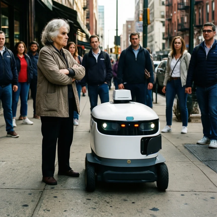 En gruppe mennesker, der står på et fortov i byen og kigger på en lille, hvid, selvkørende leveringsrobot. - Kunstig intelligens AI