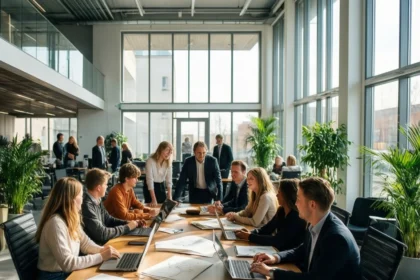 En mangfoldig gruppe af fagfolk, der arbejder på bærbare computere og laver skitser ved et stort konferencebord af træ i et moderne, solfyldt kontor. - Kunstig intelligens AI
