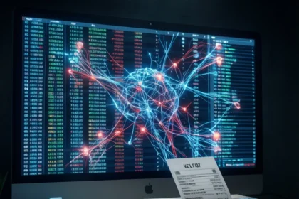 Bag en betalingsterminal og en papkasse med en udskrevet kvittering står en computerskærm, der viser en lysende netværksvisualisering. - Kunstig intelligens AI