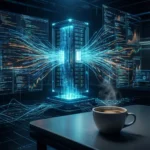 En kop kaffe står på et bord foran et lysende server-tårn med digitale datastrømme og gennemsigtige skærme, der viser kode og grafer i et mørkt teknologisk miljø. - Kunstig intelligens AI