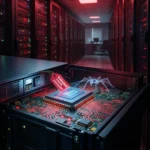 Et åbent serverrack, der viser et lysende kredsløbskort med et lysende edderkoppespind og en rød etiket med ulæselig tekst. - Kunstig intelligens AI