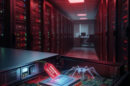 Et åbent serverrack, der viser et lysende kredsløbskort med et lysende edderkoppespind og en rød etiket med ulæselig tekst. - Kunstig intelligens AI