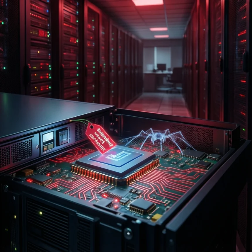 Et åbent serverrack, der viser et lysende kredsløbskort med et lysende edderkoppespind og en rød etiket med ulæselig tekst. - Kunstig intelligens AI