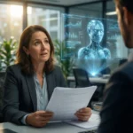 En kvinde, der holder nogle papirer, taler med en mand på et kontor, mens der mellem dem projiceres et holografisk robotbillede og datadiagrammer, hvilket tyder på en diskussion om kunstig intelligens. - Kunstig intelligens AI