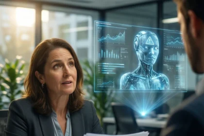 En kvinde, der holder nogle papirer, taler med en mand på et kontor, mens der mellem dem projiceres et holografisk robotbillede og datadiagrammer, hvilket tyder på en diskussion om kunstig intelligens. - Kunstig intelligens AI