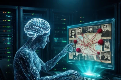 En gennemskinnelig, lysende menneskeskikkelse med en synlig hjernegrænseflade bruger et tastatur til at interagere med en digital skærm, der viser et kort over sammenkoblede portrætter. - Kunstig intelligens AI