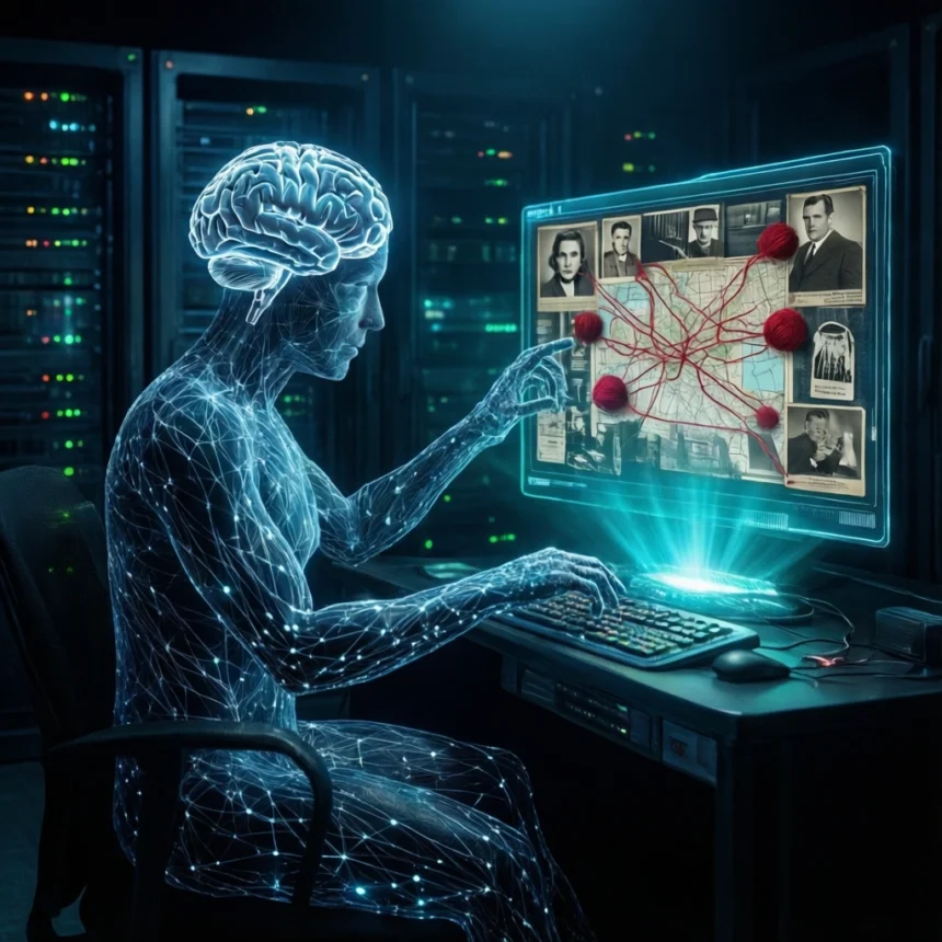 En gennemskinnelig, lysende menneskeskikkelse med en synlig hjernegrænseflade bruger et tastatur til at interagere med en digital skærm, der viser et kort over sammenkoblede portrætter. - Kunstig intelligens AI