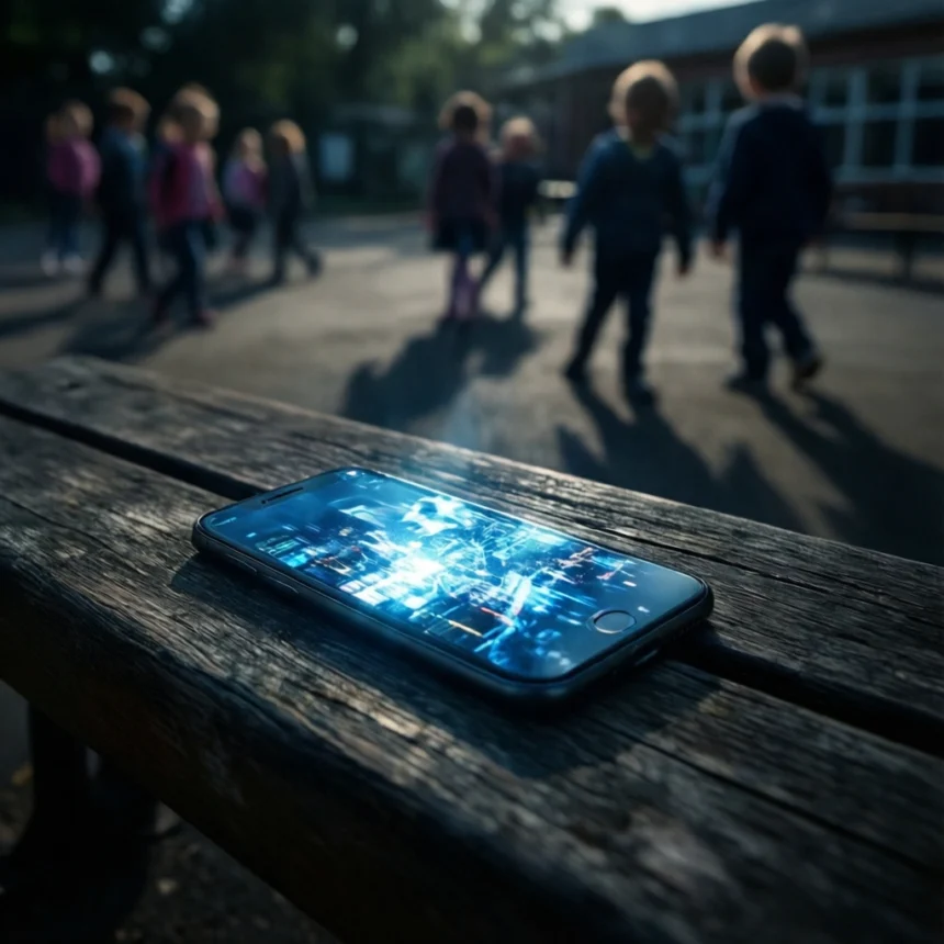 En smartphone med en lysende blå digital skærm, der ligger på en træbænk, mens der i baggrunden ses slørede billeder af legende børn. - Kunstig intelligens AI