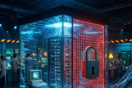 Et serverrack inde i et glasbur med et rødt, lysende digitalt hængelås og kabler, der strækker sig hen over gulvet i et datacenter. - Kunstig intelligens AI