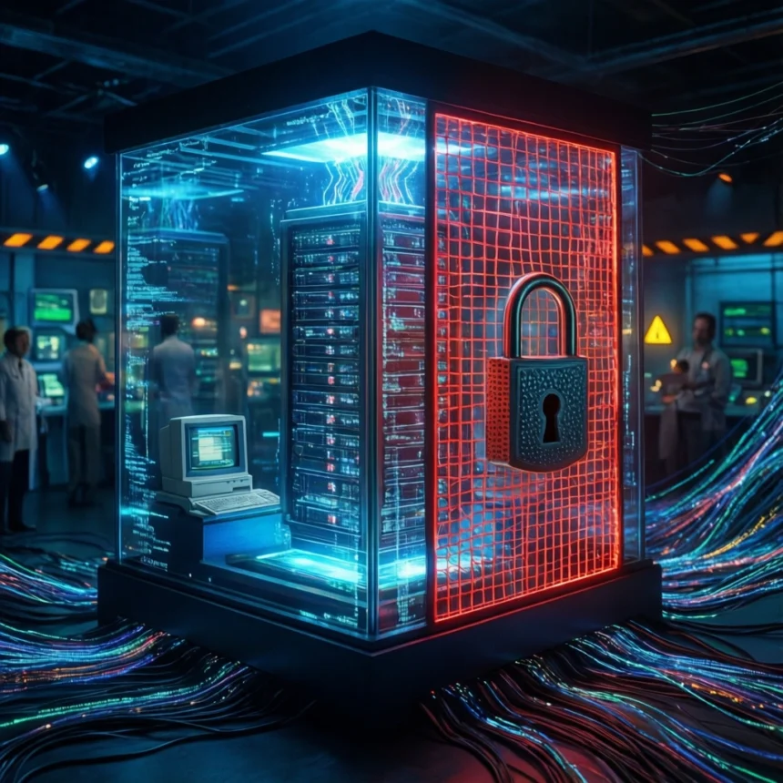 Et serverrack inde i et glasbur med et rødt, lysende digitalt hængelås og kabler, der strækker sig hen over gulvet i et datacenter. - Kunstig intelligens AI