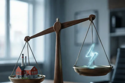 En vægt af træ med en lille fabriksbygning på den ene side og et lysende lynsymbol på den anden. - Kunstig intelligens AI